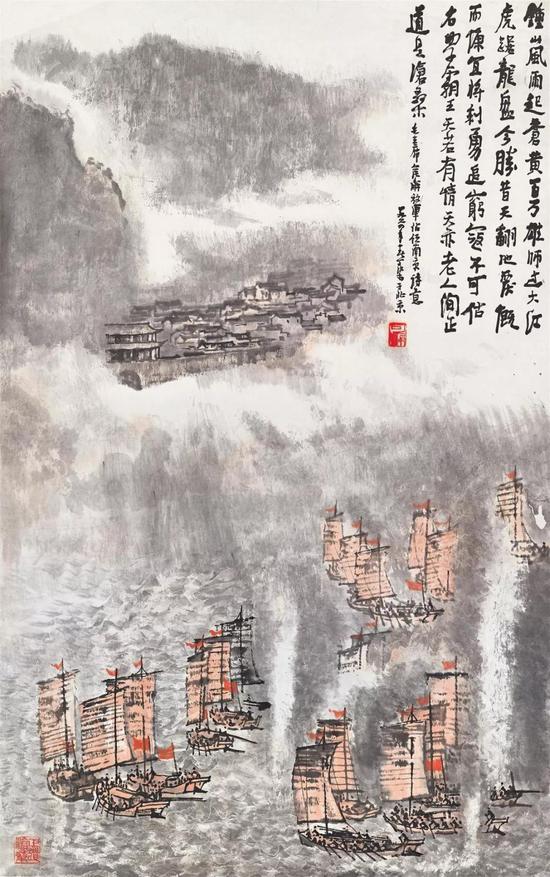 拍品编号1375 李可染《百万雄师过大江》 设色纸本 立轴镜框 96.2 x 60.3 cm.